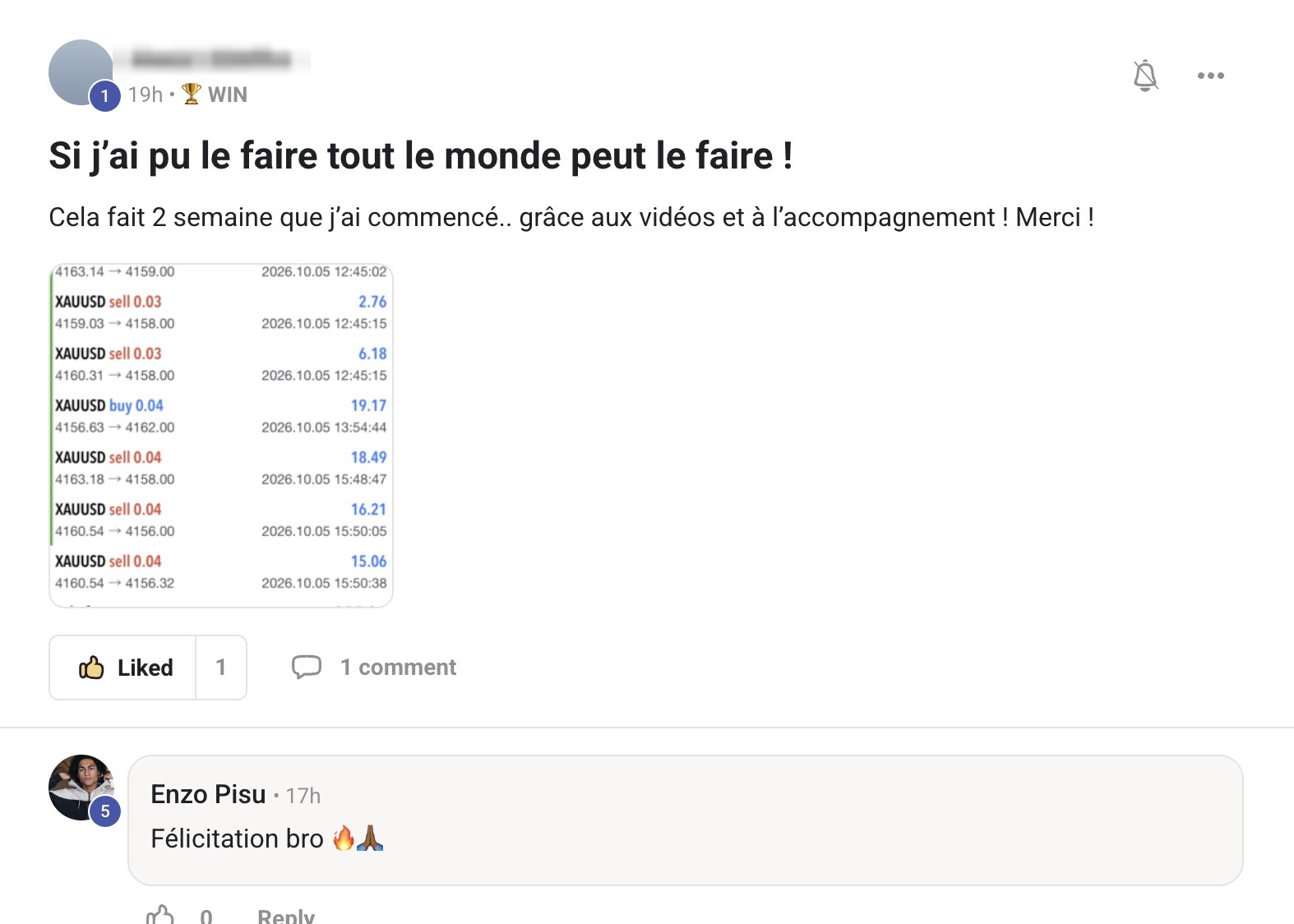 Capture 2 : message d'un membre dans le groupe privé