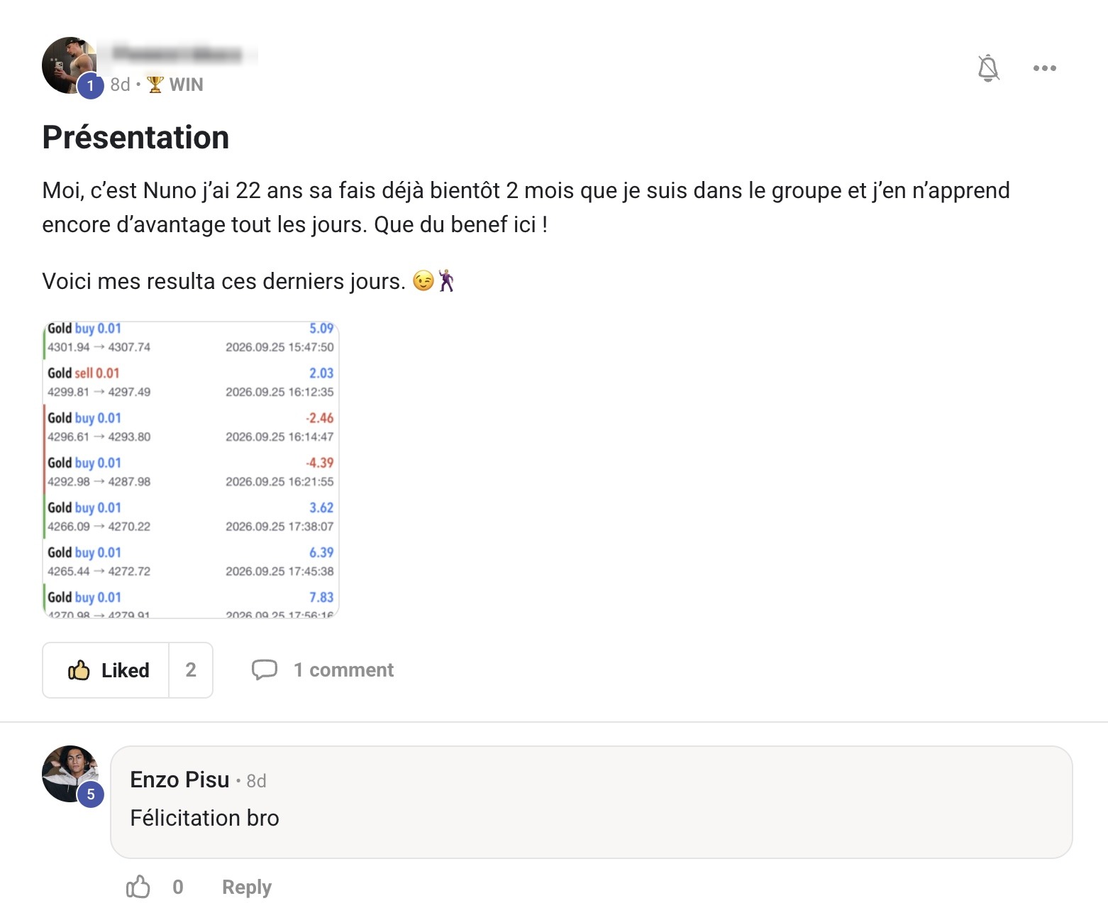 Capture 3 : message d'un membre dans le groupe privé